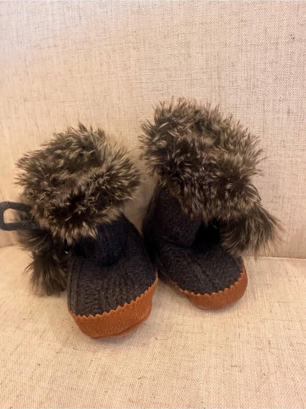 Restoration Hardware Brown Faux-Fur Trim Knit Kids Booties